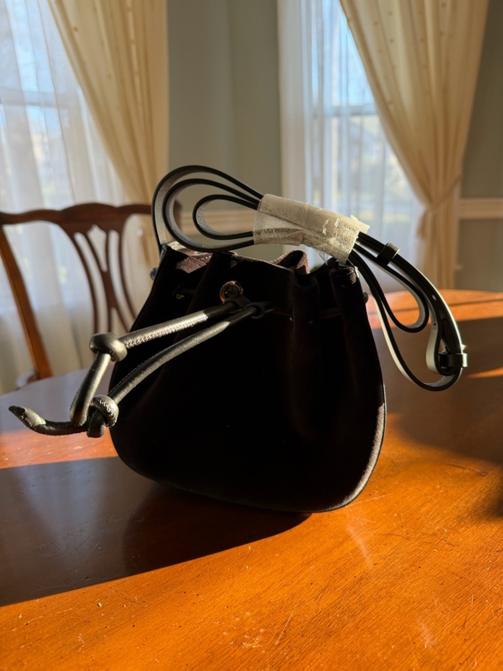 Theory Black Velvet Drawstring Bucket Bag